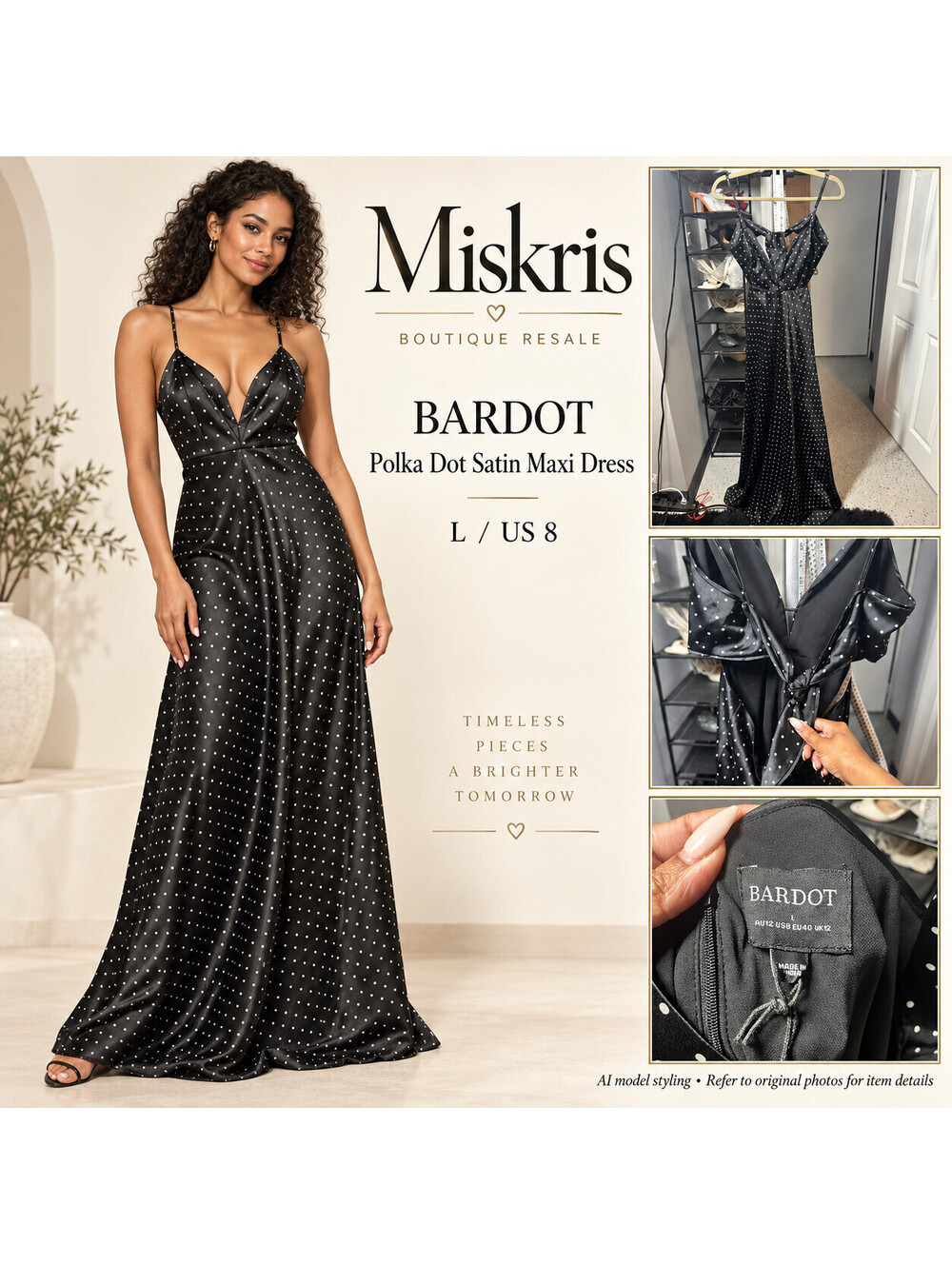 Bardot Black White Polka Dot Satin Maxi Slip Dress L US 8 Open Tie Back